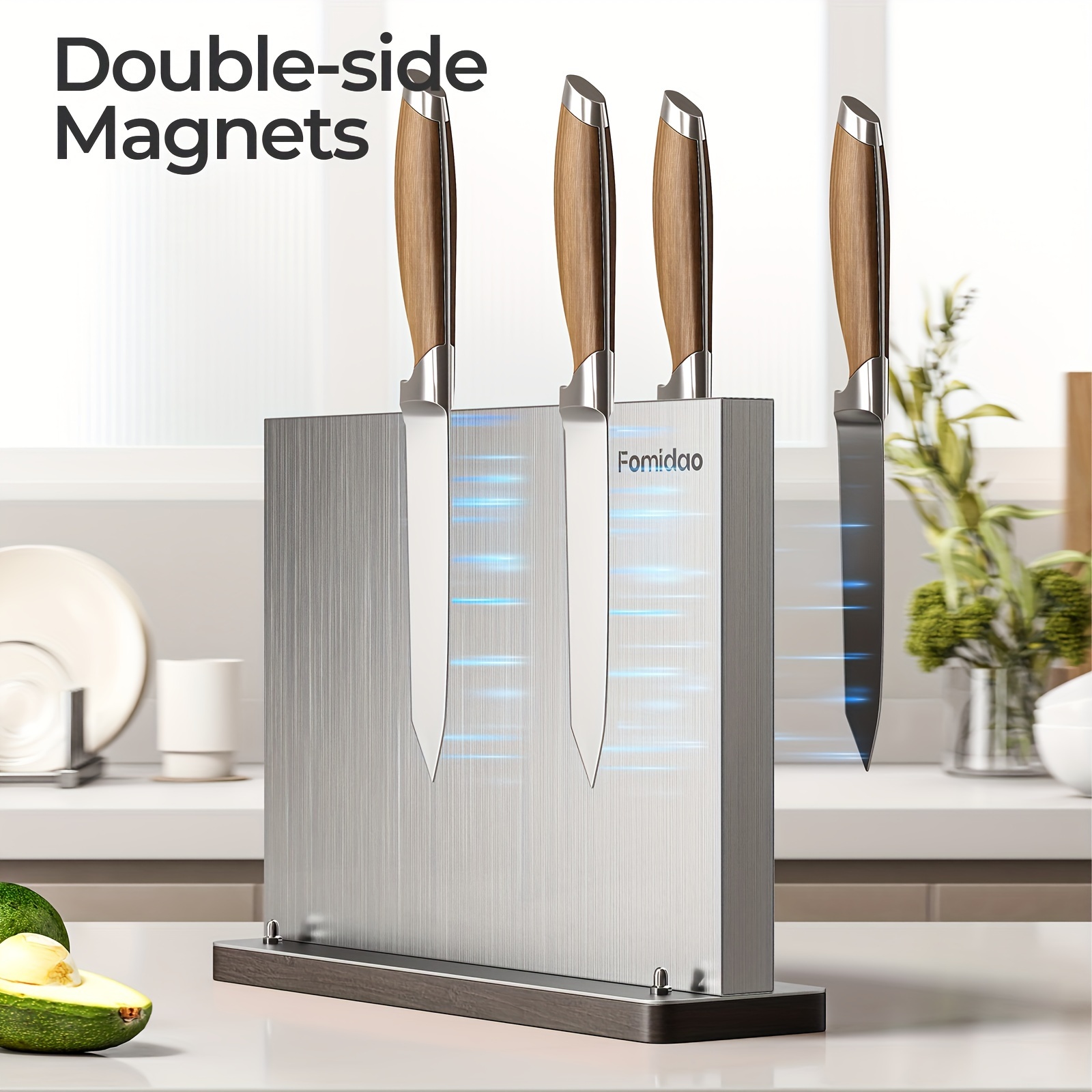 

Magnetic Knife Block, Stainless Steel Magnetic Knife Holder Rack For Kitchen Counter, Strong Double Sided Magnet Knife Storage Stand With Wood Base