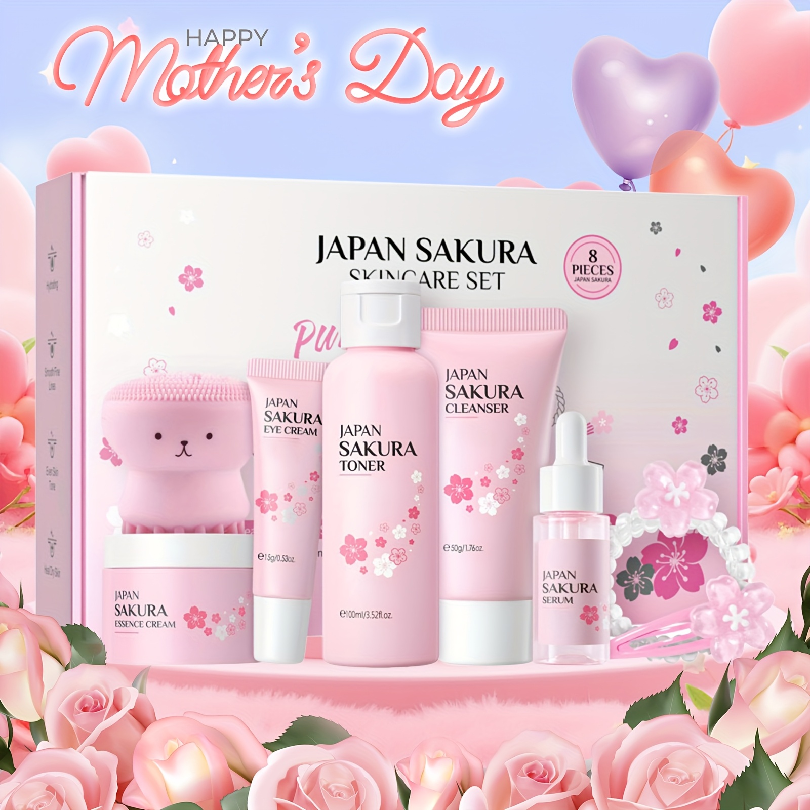 8 Pieces Sakura Skin Care Set, Skin Care For Teenage Girls Gift Set With Cleanser, Toner, Serum, Eye Cream, Facial Cream, Hairpin, Hair Rope, Pink Octopus Cleansing Brush, Facial Skin Care Sets & Kits For Teenage Girls Women