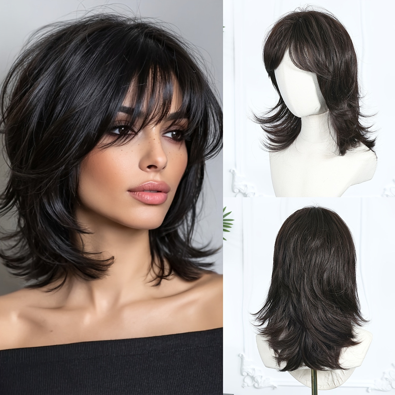 Image of 16-inch Women's Elegant Black Short Layered Wig With Bangs, Synthetic Wig Rose High-temperature, Versatile For Occasions Such As Parties, Carnivals, And Music Festivals