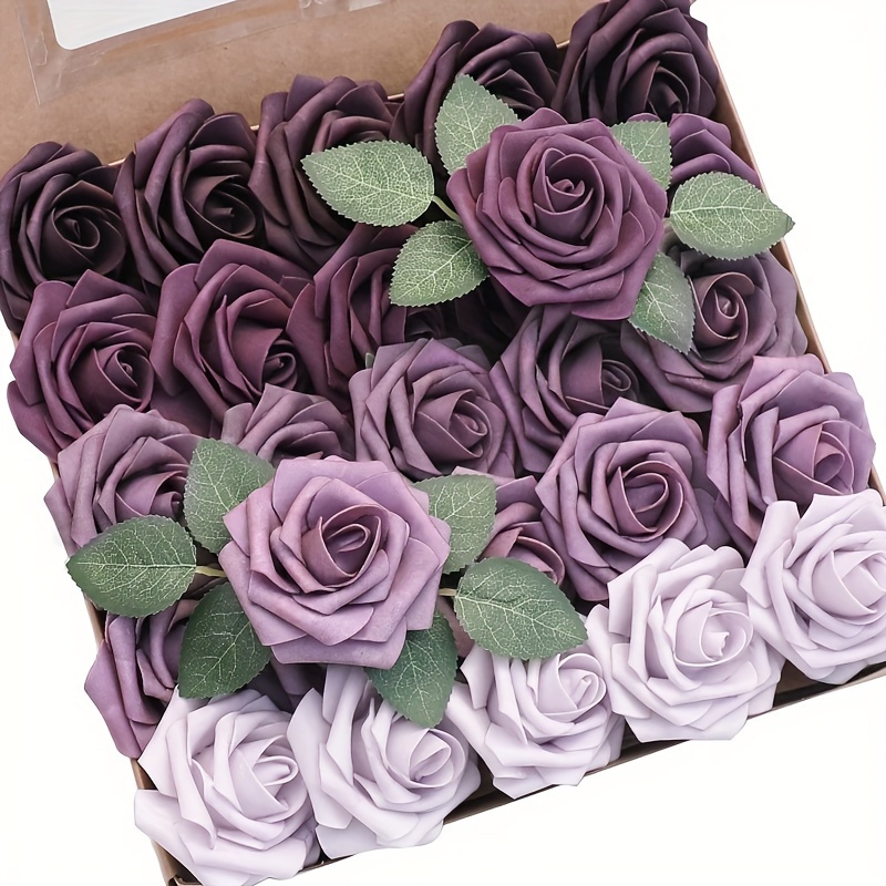 

Artificial Flowers 25pcs Real Looking Plum Ombre Colors Foam Fake Roses With Stems For Diy Wedding Bouquets Bridal Shower Floral Centerpieces Party Tables Home Decorations