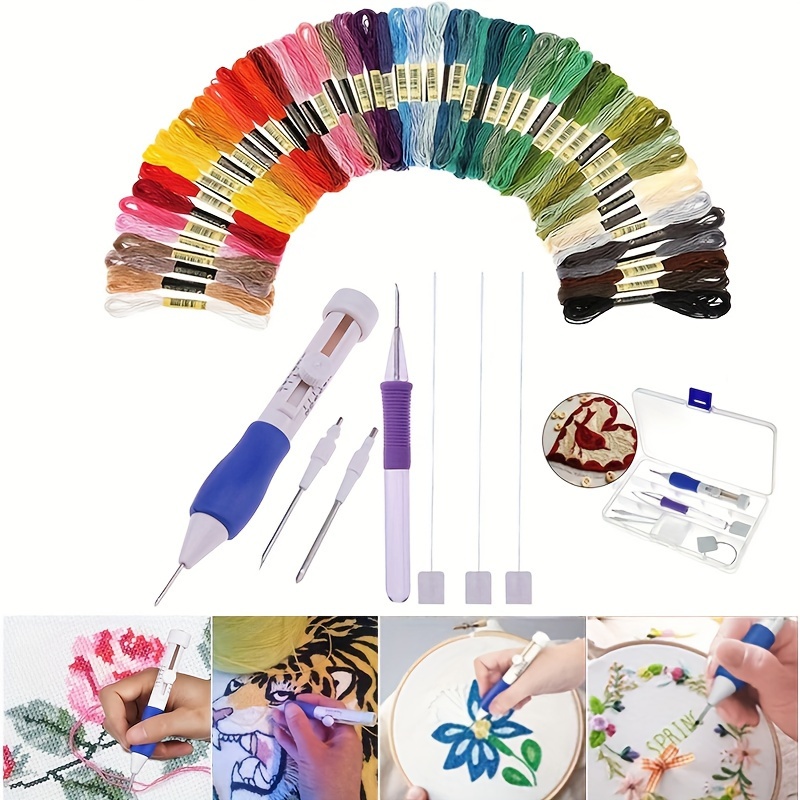 

Complete Floral Embroidery Starter Kit - Crafting Set With Colorful Threads, Needles, And Accessories In Blue Plastic Case For Diy Needlework Projects, Embroidery Kit