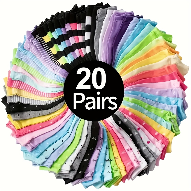TEMU 20 Pairs Of Women's Candy Colored Random Pattern Heart-shaped Stripe Polka Dots Soft And Comfortable Casual Socks Short Socks , Sweat Absorbing