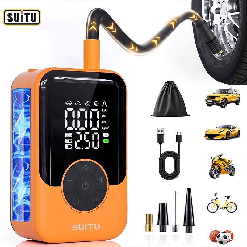 TEMU Suitable Cordless Portable Tire Inflator, Handheld Air Compressor, With Emergency Led Light, Usb-rechargeable Lithium Battery Display, Accurate