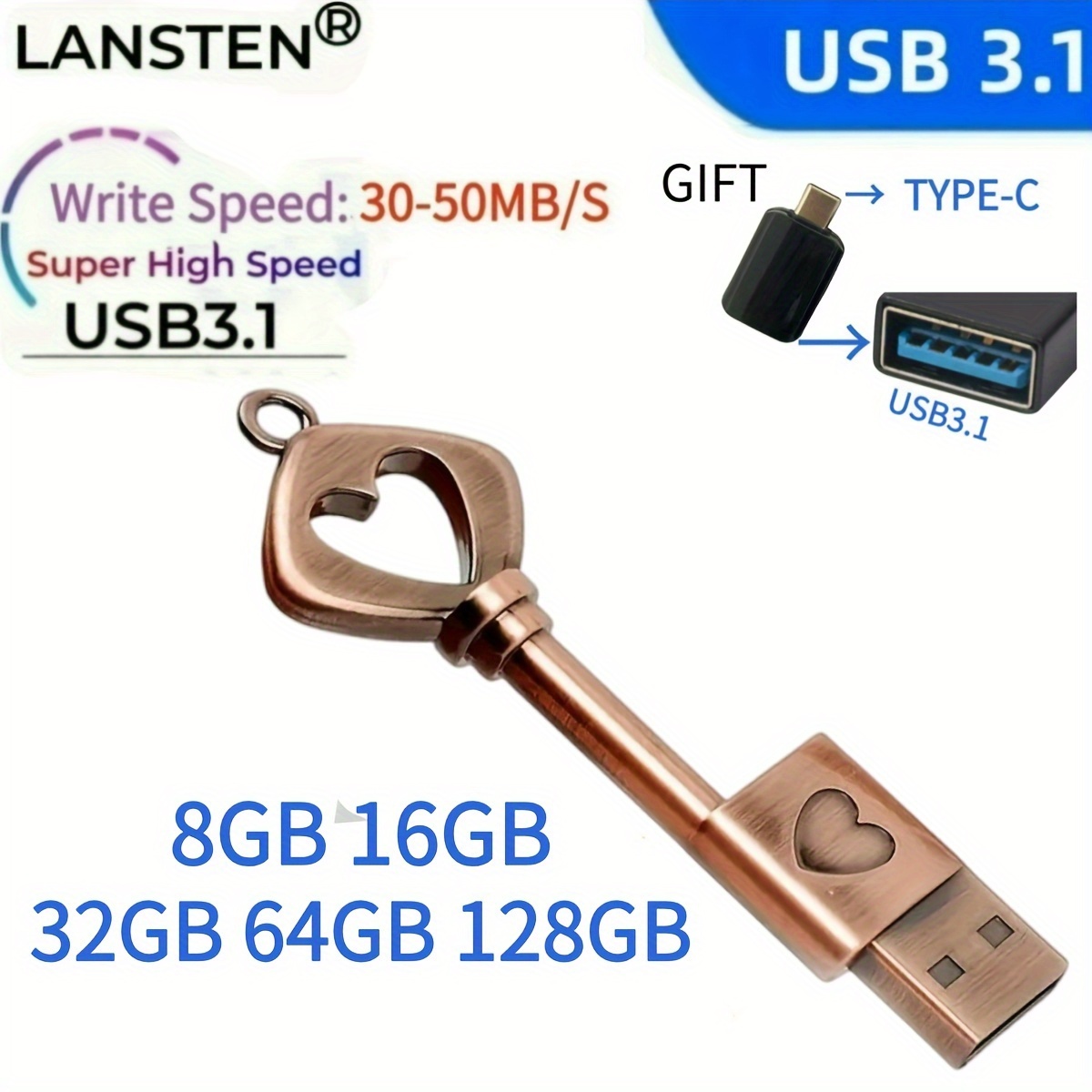 

Lansten Usb 3.1 - Key Of , Metal Keychain, -c - In 8gb, 16gb, 32gb, 64gb, 128gb