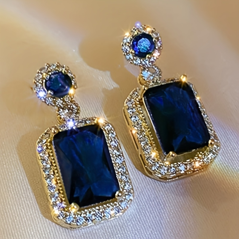 TEMU Pendientes colgantes cuadrados de circonita sintética de lujo en verde y azul - Joyería para , fiestas y uso diario, regalo de piedra para ,