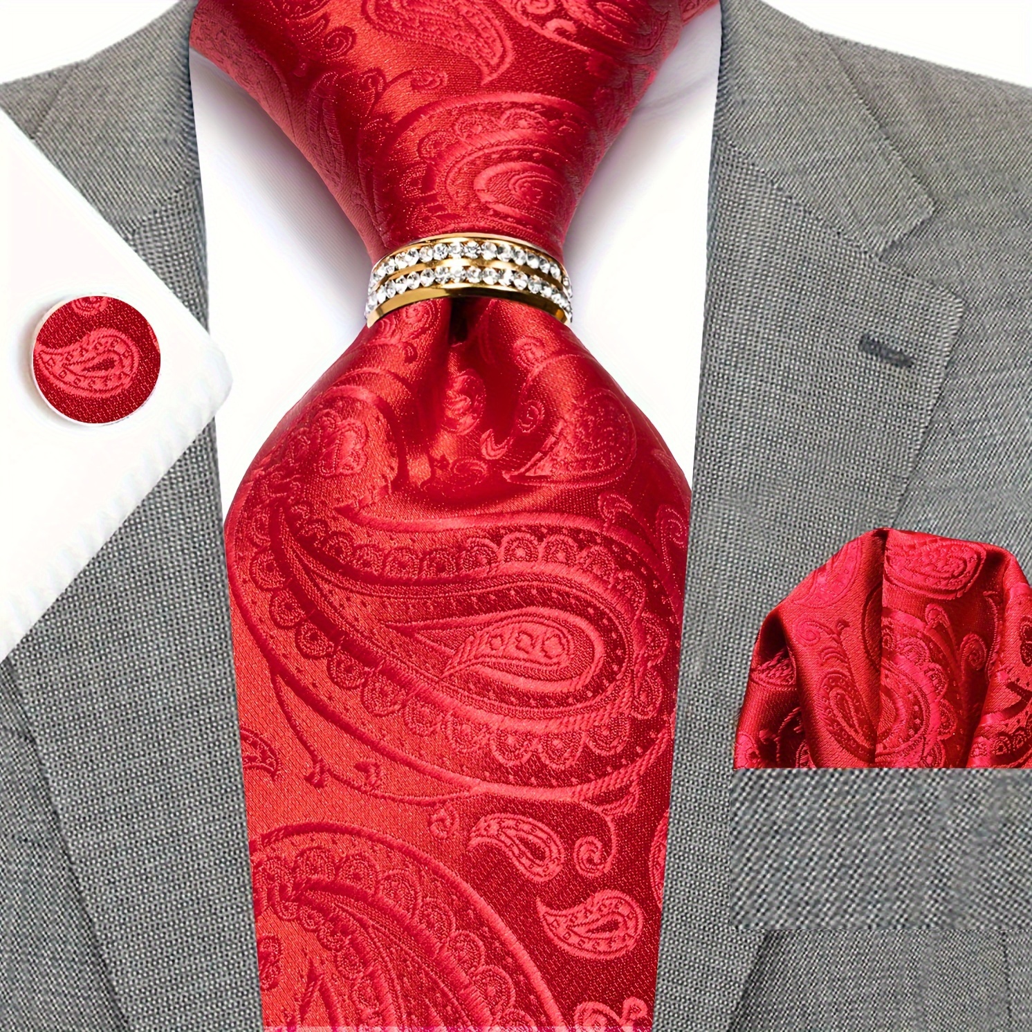 

4pcs Mens Red Paisley Tie, Pocket Square, Cufflinks And Drilled Tie Ring Set Woven Necktie Set For Wedding Groom Party Business