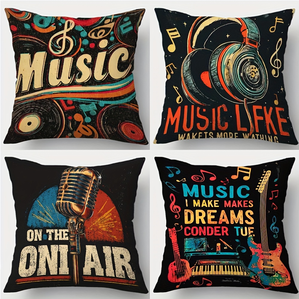TEMU 4 ks, Potištěná povlak na polštář, Hudební motiv, Vinylové desky, Sluchátka, Mikrofony, Hudební nástroje, Retro rockový styl. Vhodné pro Vánoce,