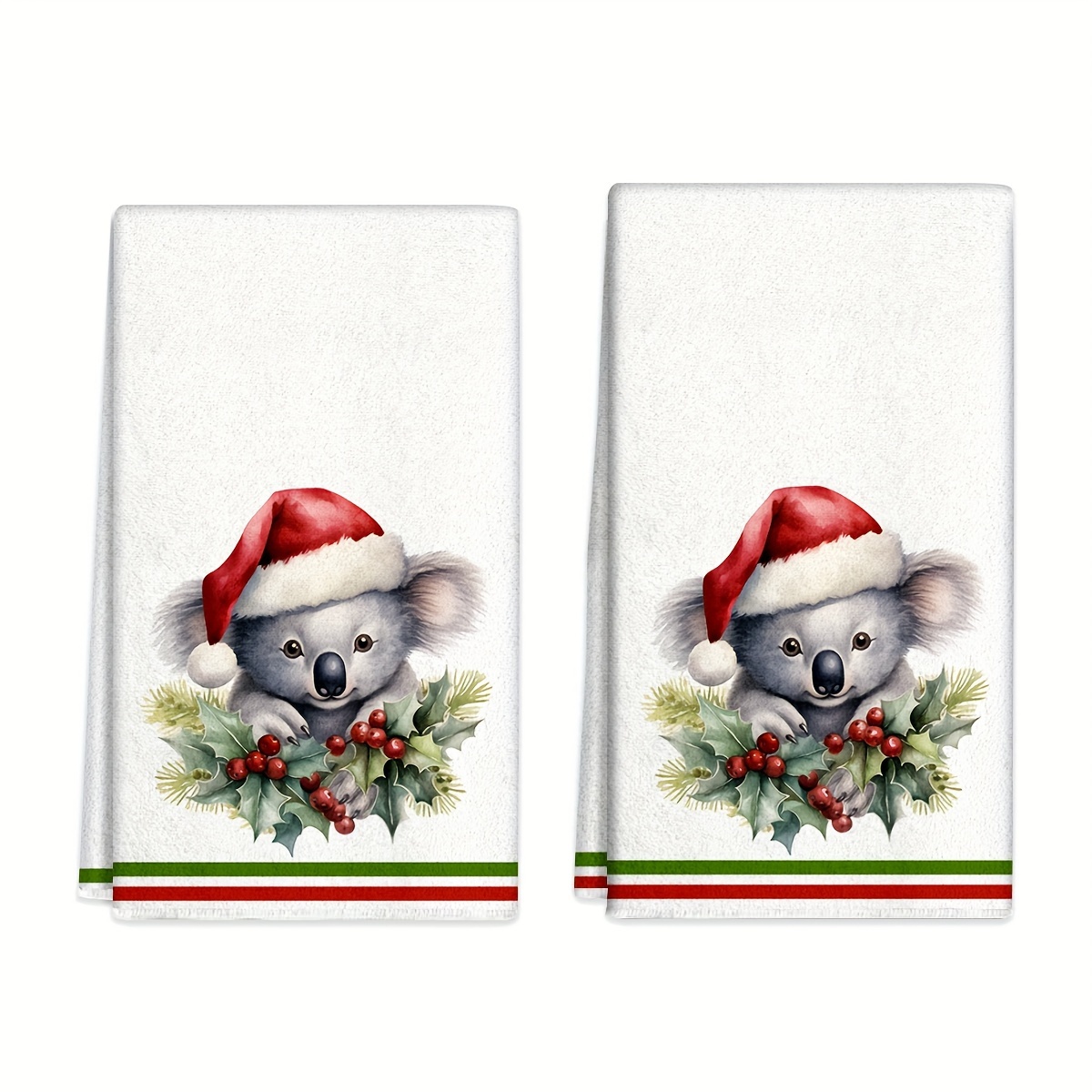 

Modern Christmas Koala Dish Towels - 2 Pack, Polyester Knit Fabric, Machine Washable, Cartoon Themed Kitchen Cleaning Cloths With Santa Hat Design