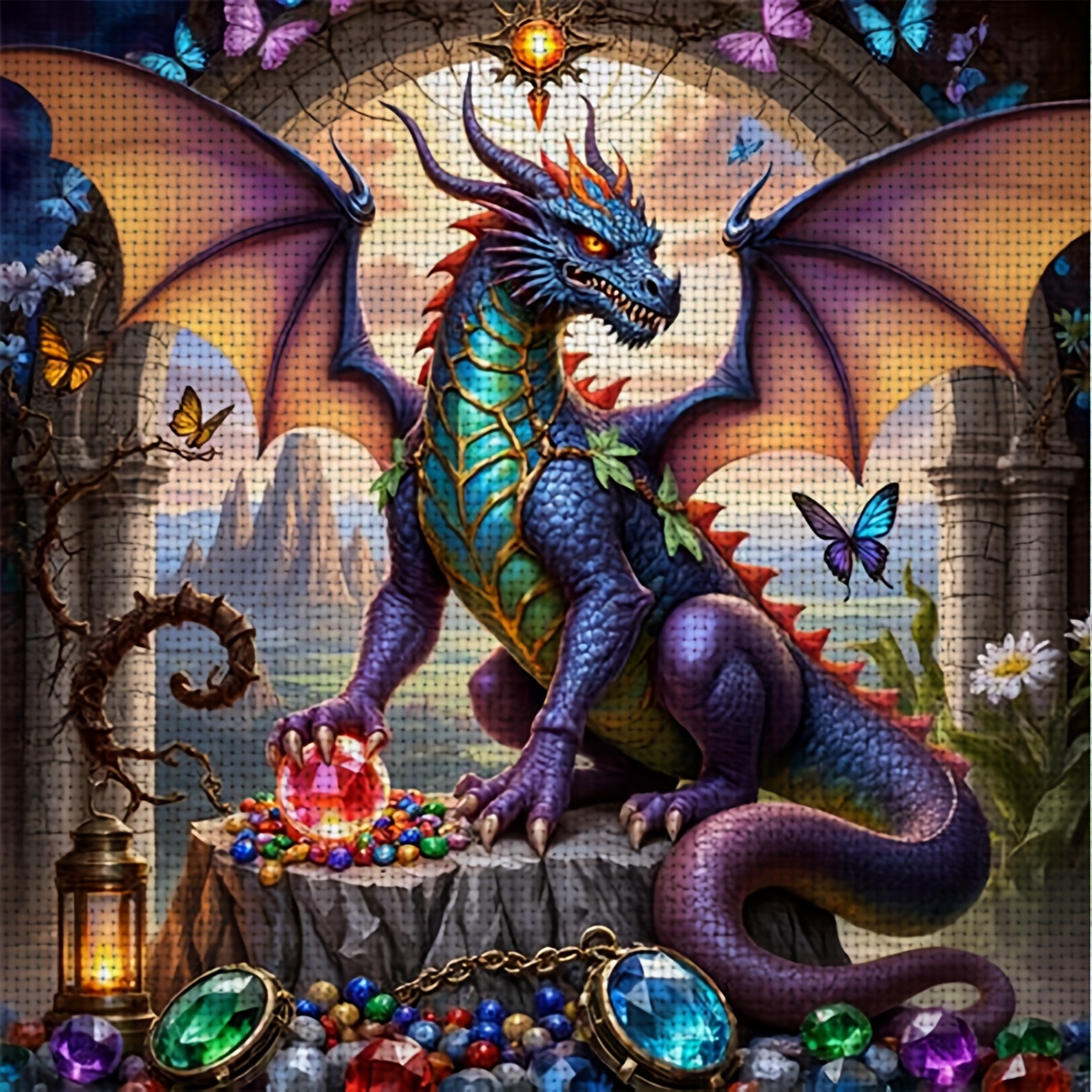 TEMU 1pc Printed Diy Stitch Kit, Frameless, "colorful Dragon Lying On Synthetic Gemstone Pile" Pattern, Beginners' Relaxing Craft Time, Allows You To