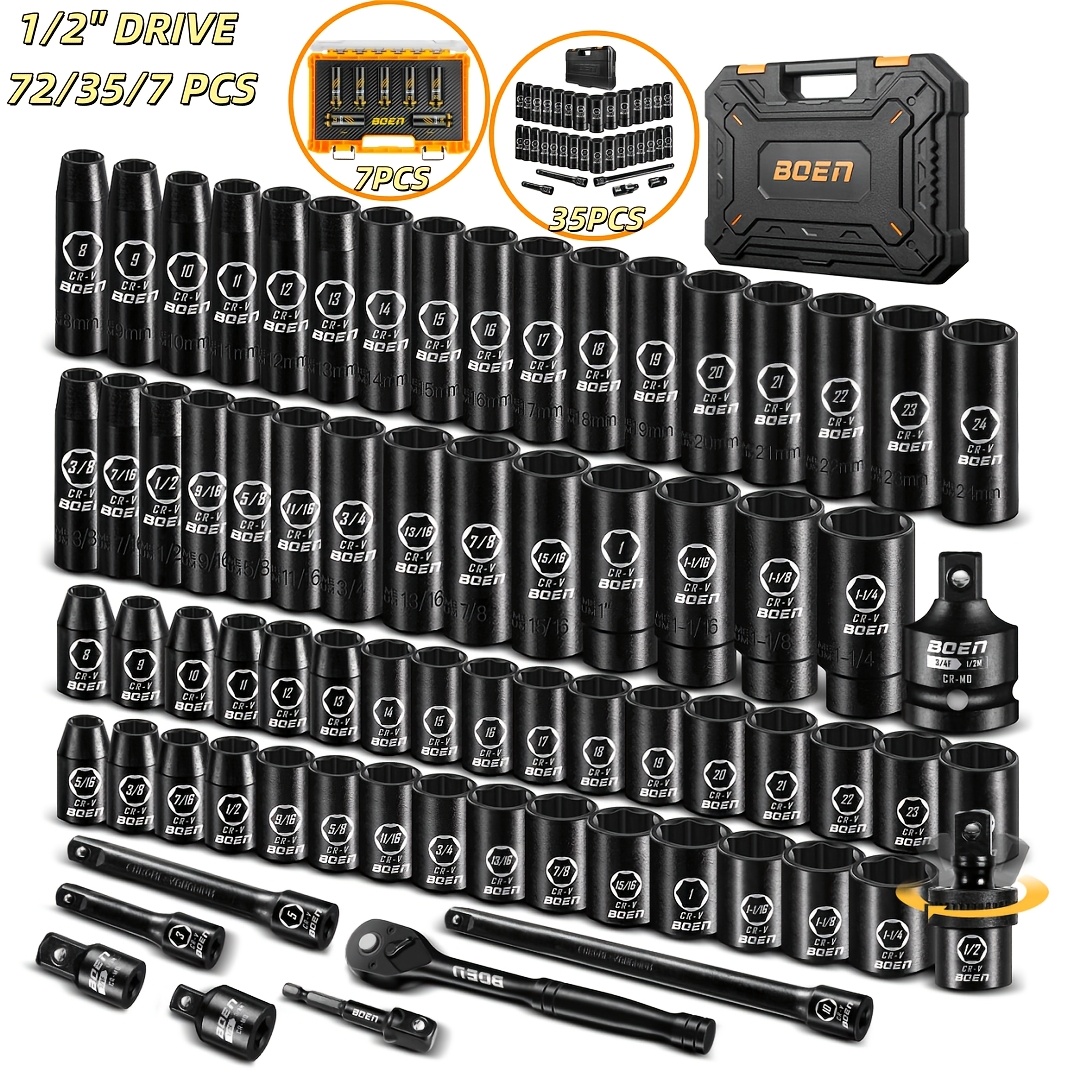 10-Piece 1-Inch Drive Deep Impact Socket Set – Metric 22-50mm, Long Reach, Chrome Vanadium Steel, With Storage Case