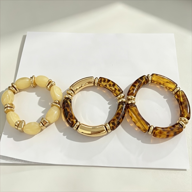 TEMU 3pcs Retro Bohemian Tortoiseshell Resin Bead Elastic Bracelet Set, Unisex Stackable Wristbands With Curved Tubes And Golden Spacer Beads, Ideal