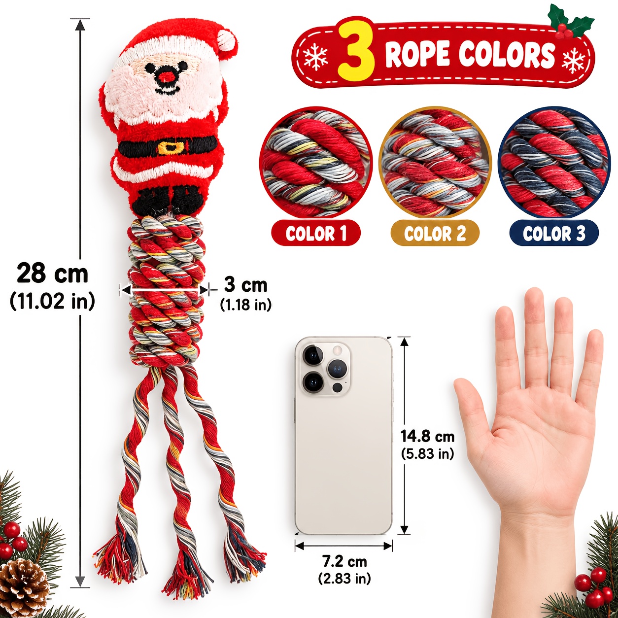 TEMU Christmas-themed Sounding Interactive Dog Leash Toy, Multi-colored Knitted Rope With Cute Sounding Plush Santa Claus, Safe And Durable Chew Toy,