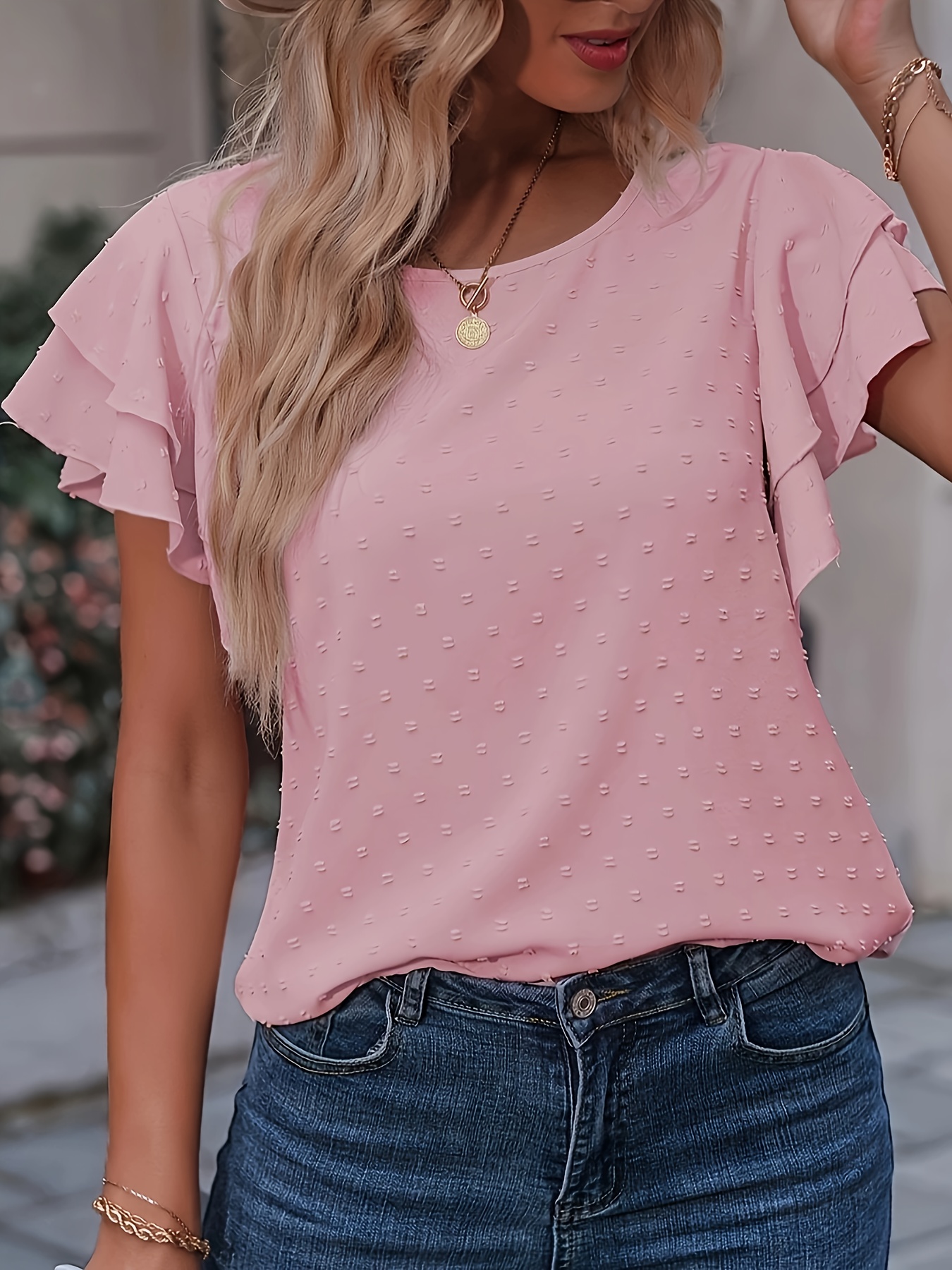 ★FANCY CLUB★ FRILL LAYERED DOT TEE Calix Cotton Short Sleeve Crewneck Tee - Women's Tops