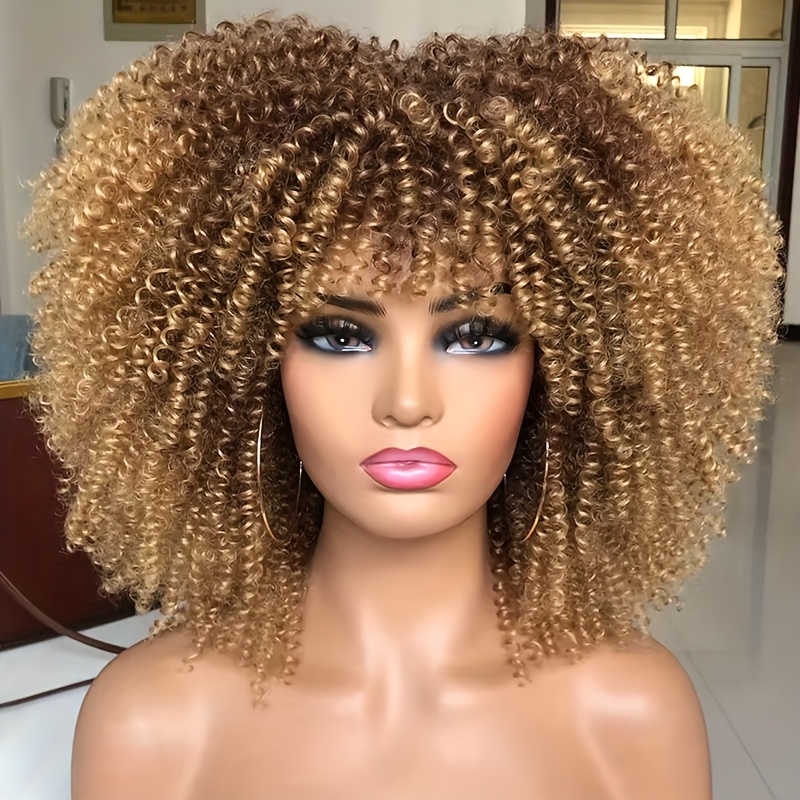 TEMU Synthetic Afro Curly Wig With Bangs Afro Wigs For Women Heat Resistant Short Wigs For Daily Party