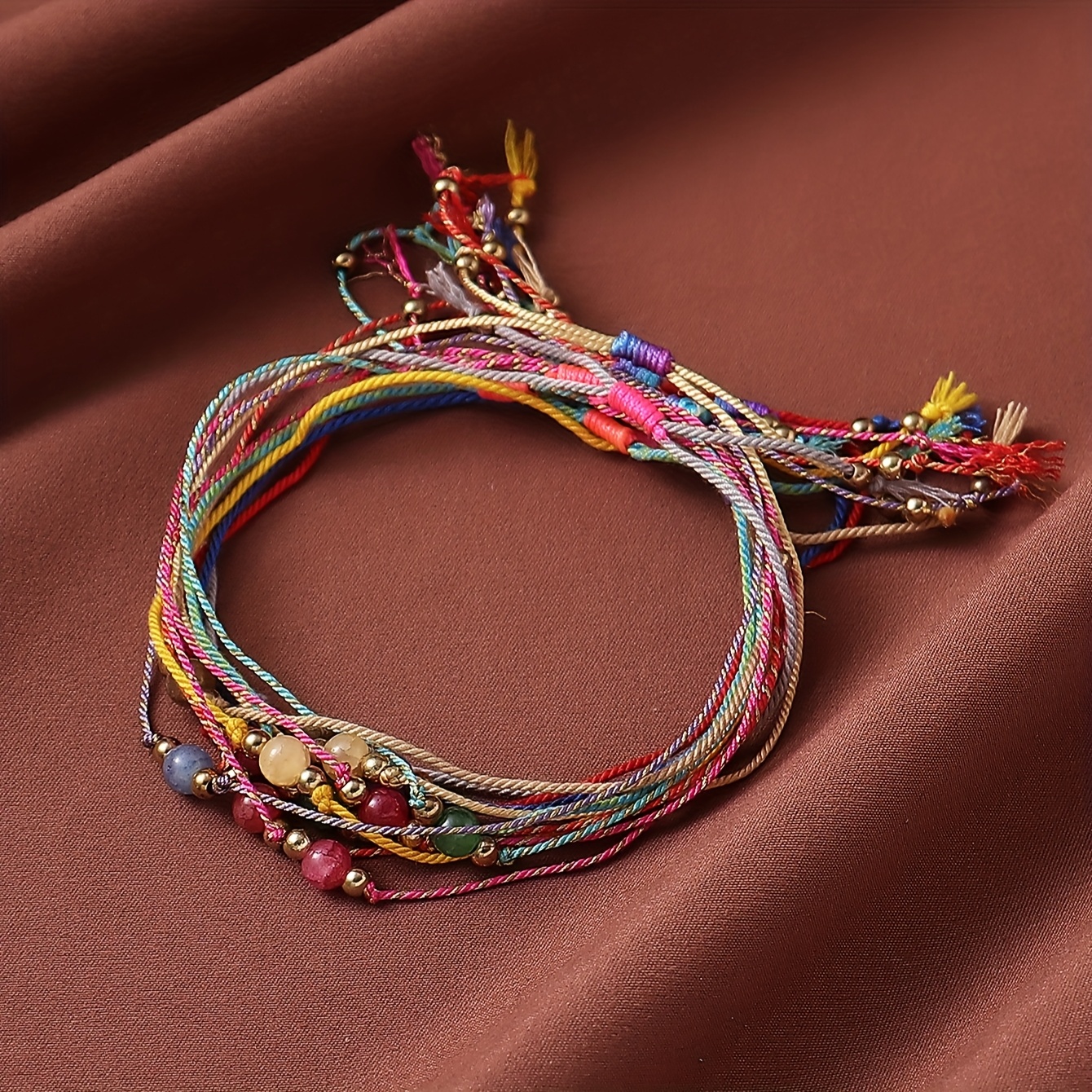 12pcs Boho Colorful Beaded Natural Stone Drawstring Bracelet Set