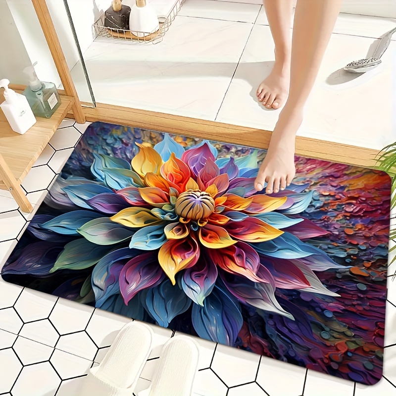 

Colorful Layered Floral Design Bath Rug - Washable Polyester Knit Fabric Non-slip Backing, Rectangle Area Mat For Bathroom, Soft And Plush (1-pack)