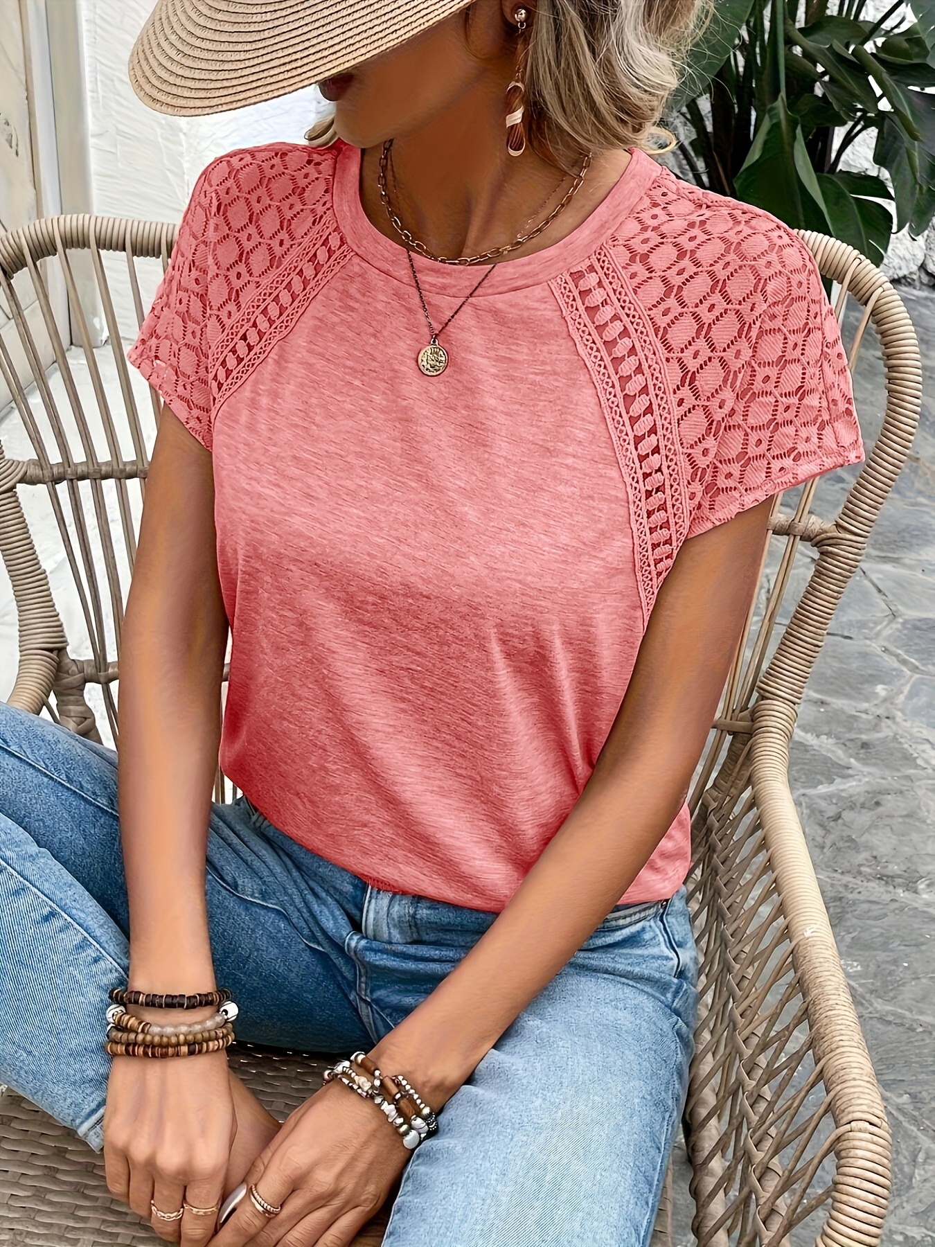 womens elegant solid color lace sleeve t shirt summer   blouse with breathable fabric machine washable versatile for casual formal outfits cropped tee style soft   ladies t shirts Product details 18