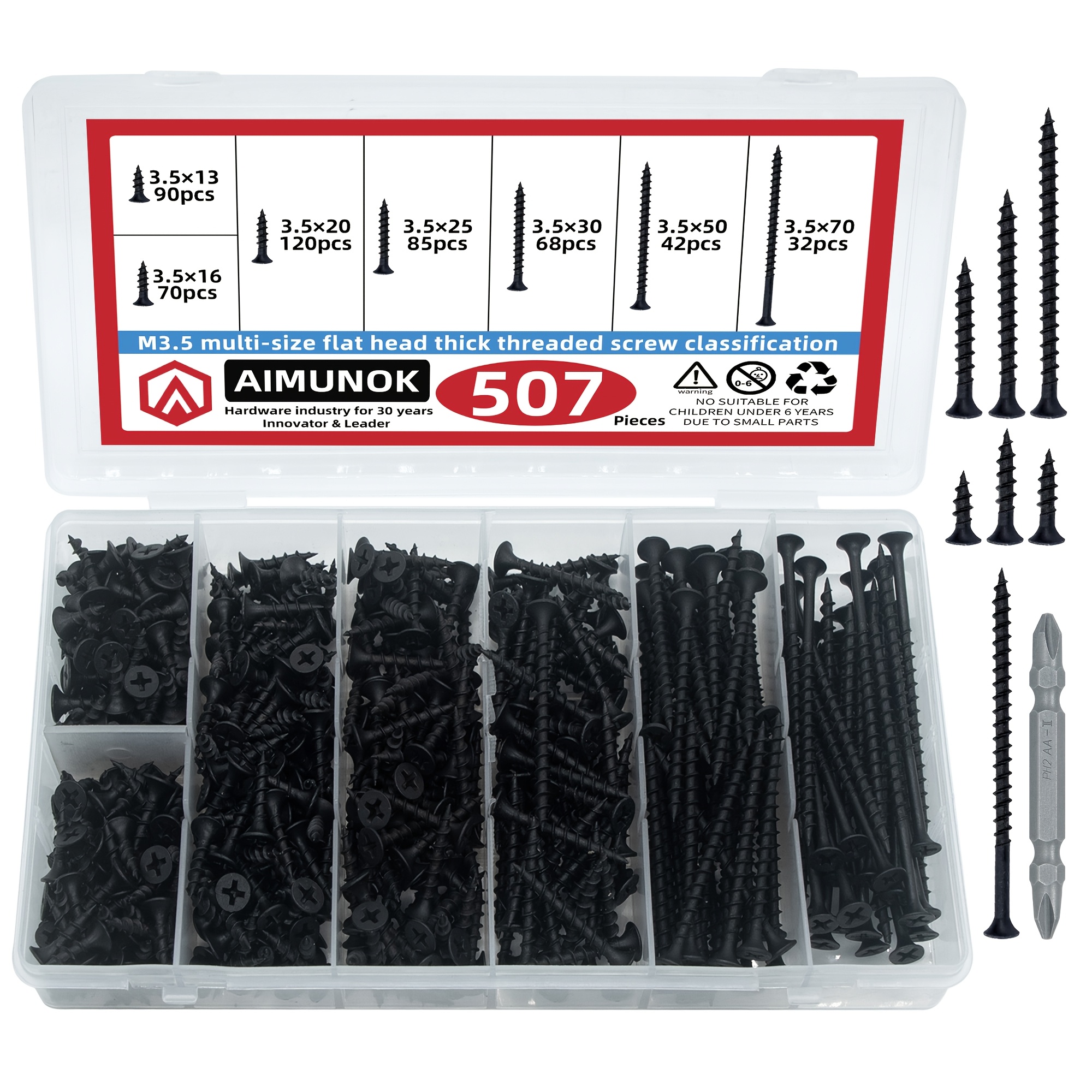 Image of 507pcs M3.5 Black Drywall Screws Assortment Kit, Phillips Coarse Thread Dry Wall Screws With Ph2 Screwdriver Bit For Gypsum Board Wood Furniture Installation