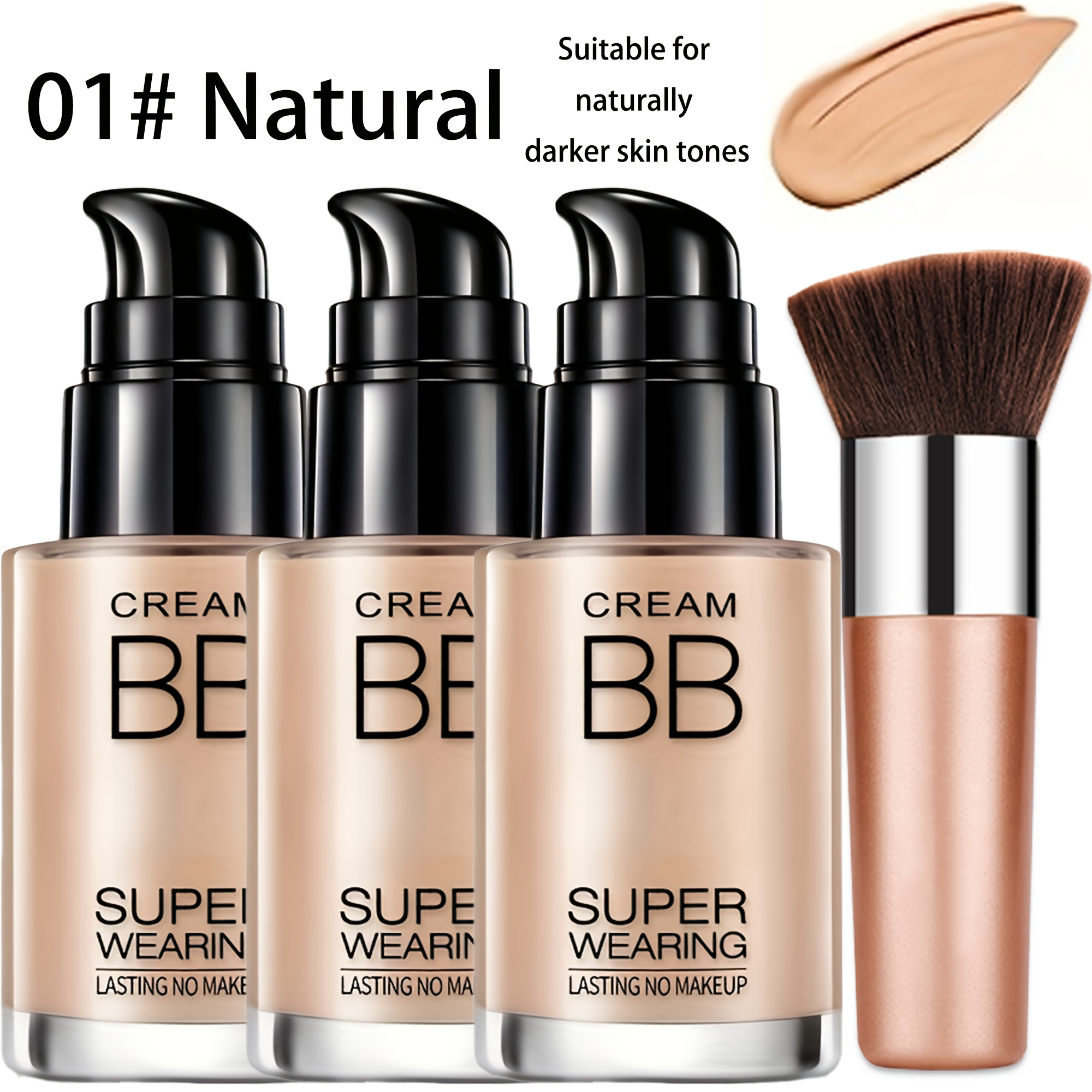 3pcs -one Bb Cream Kit With Brush - Full Coverage Hydrating Foundation, Buildable Concealer, Long-lasting Non-fade Formula, Cream Texture Suitable For Types ( Dry, Oily, Combination)