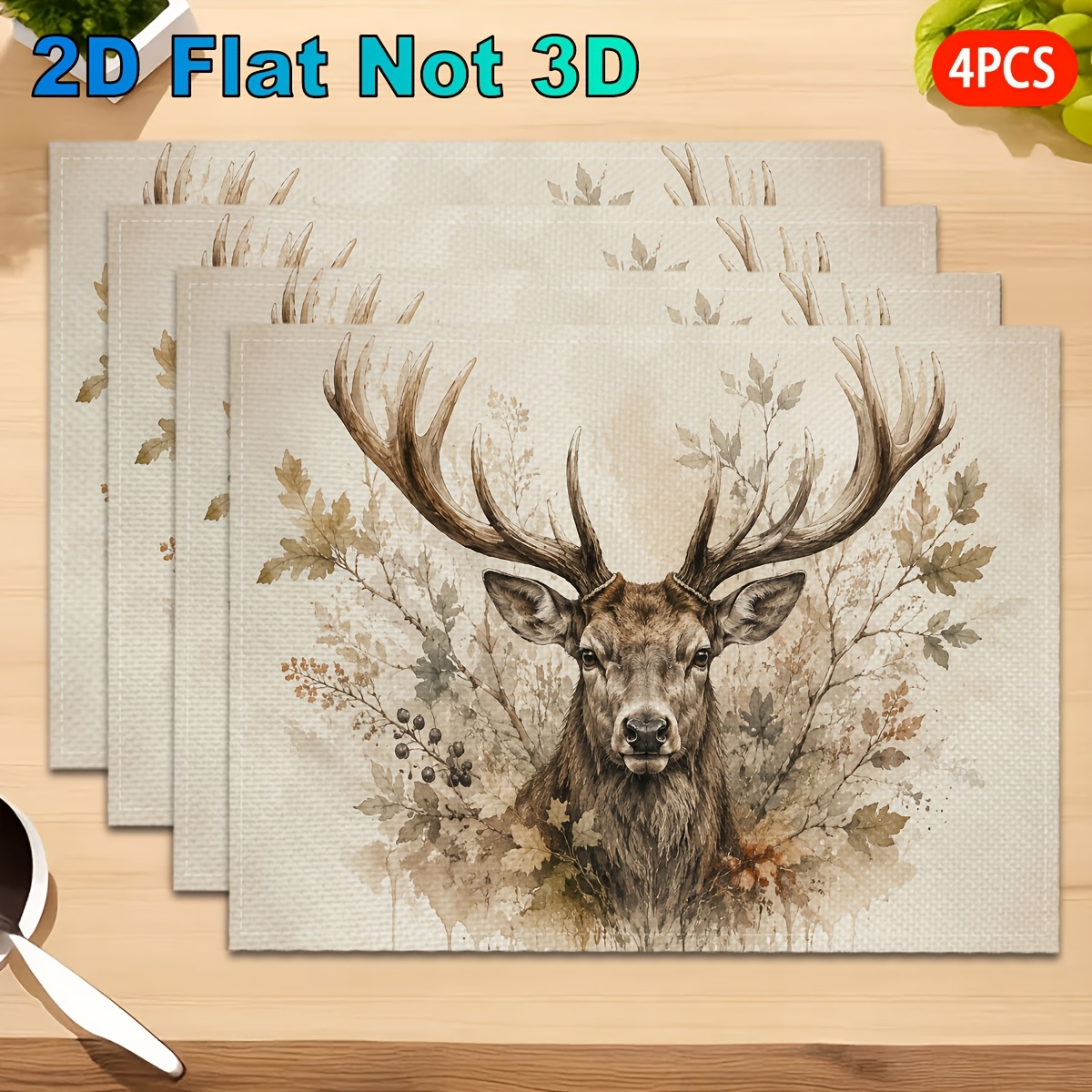 TEMU 4pcs Natural Placemats Suitable For Drinkware & Table Decor - Antler Stag Table Mats With Minimalist Deer Print, Machine Washable Kitchen/dining