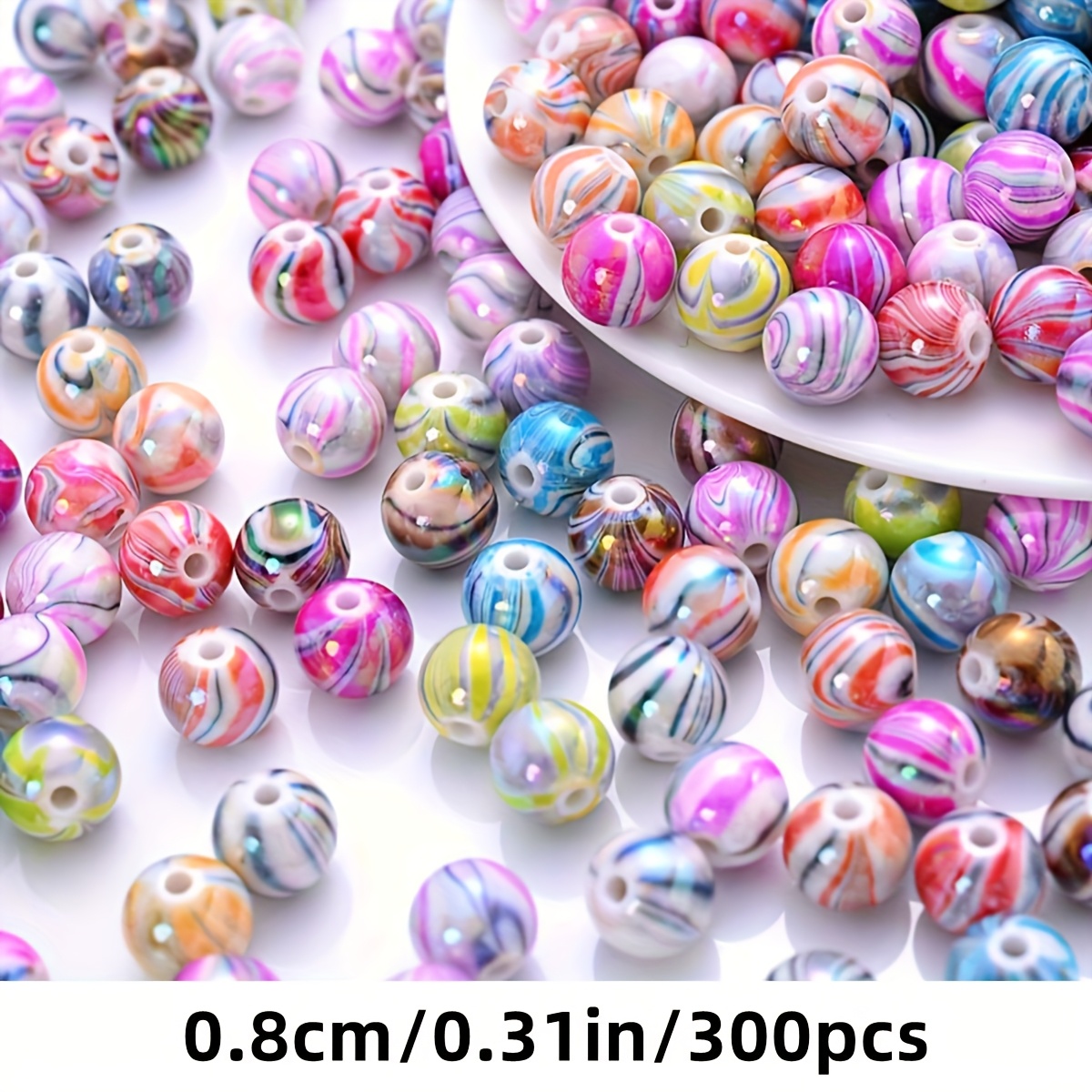 300/150pcs 8/10mm Creative Colorful Patterned Bead Ab Effect Acrylic Beads, Suitable, Diy Bracelets, Necklaces, Jewelry Materials,suitable For Holiday Beading