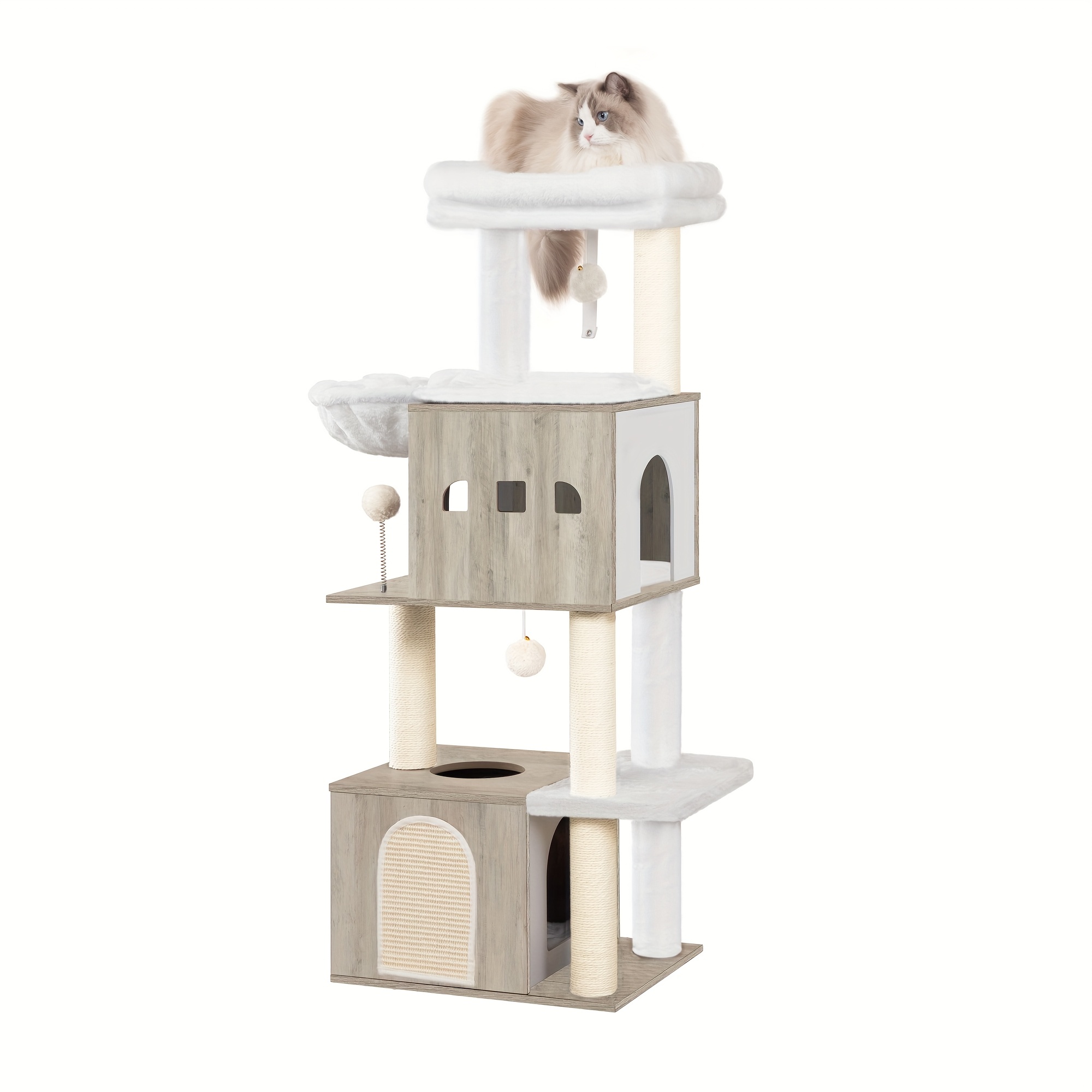 130 Cm Tall Cat Tower, Featuring Multiple Levels, Wooden Scratching Posts, 4 Scratching Areas, 2 Cozy Cat Caves With Soft Beds, Platforms, And Indoor Cat Furniture In And Light Ivory