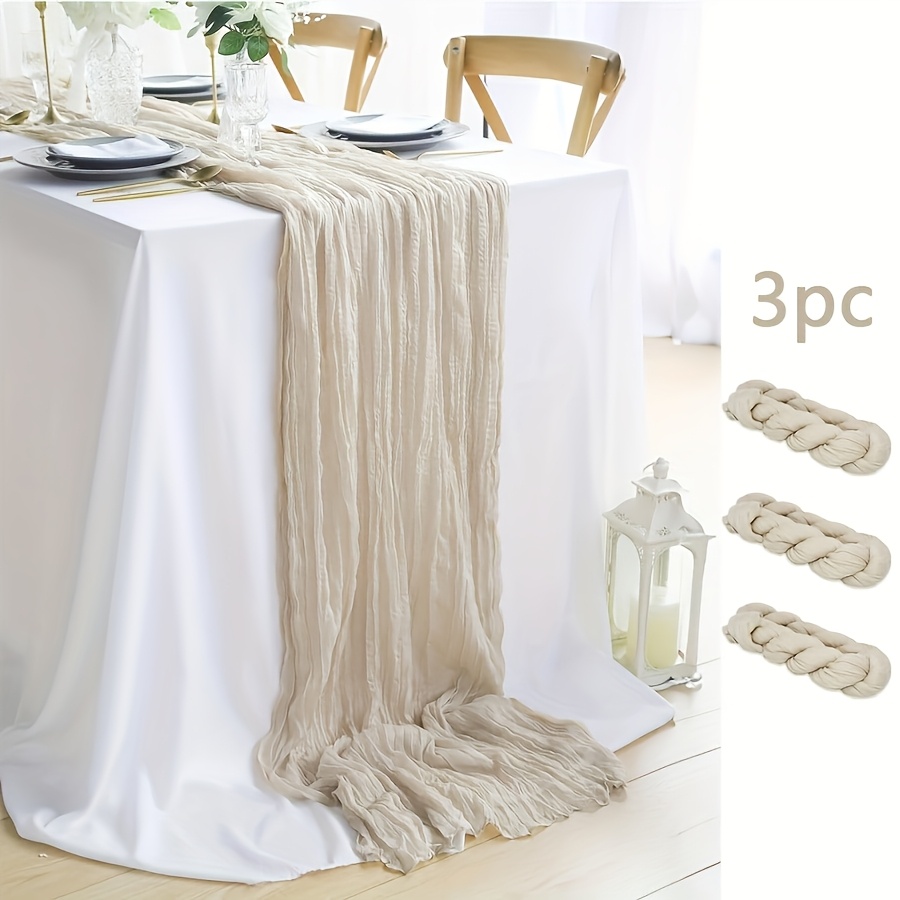 TEMU 3pcs Set Beige Cheesecloth Table Runner, Bohemian Gauze Fabric Table S, Rustic Sheer Table Runner, Suitable For Weddings, Birthdays, Baby