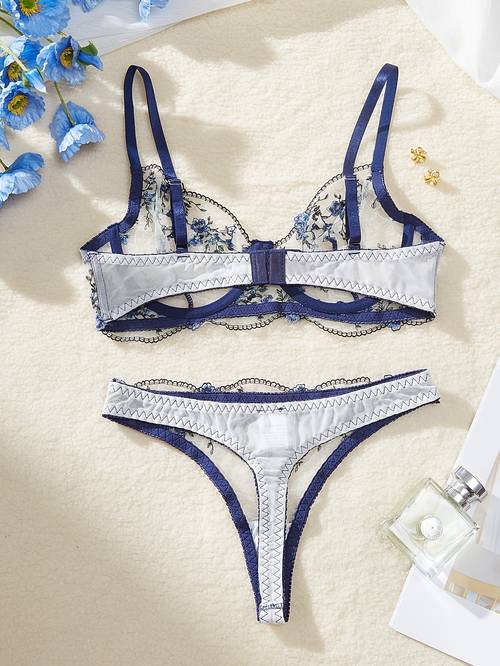 2026 sommer neues western-stil mesh gesticktes kleine blumen durchsichtiges dessous set
