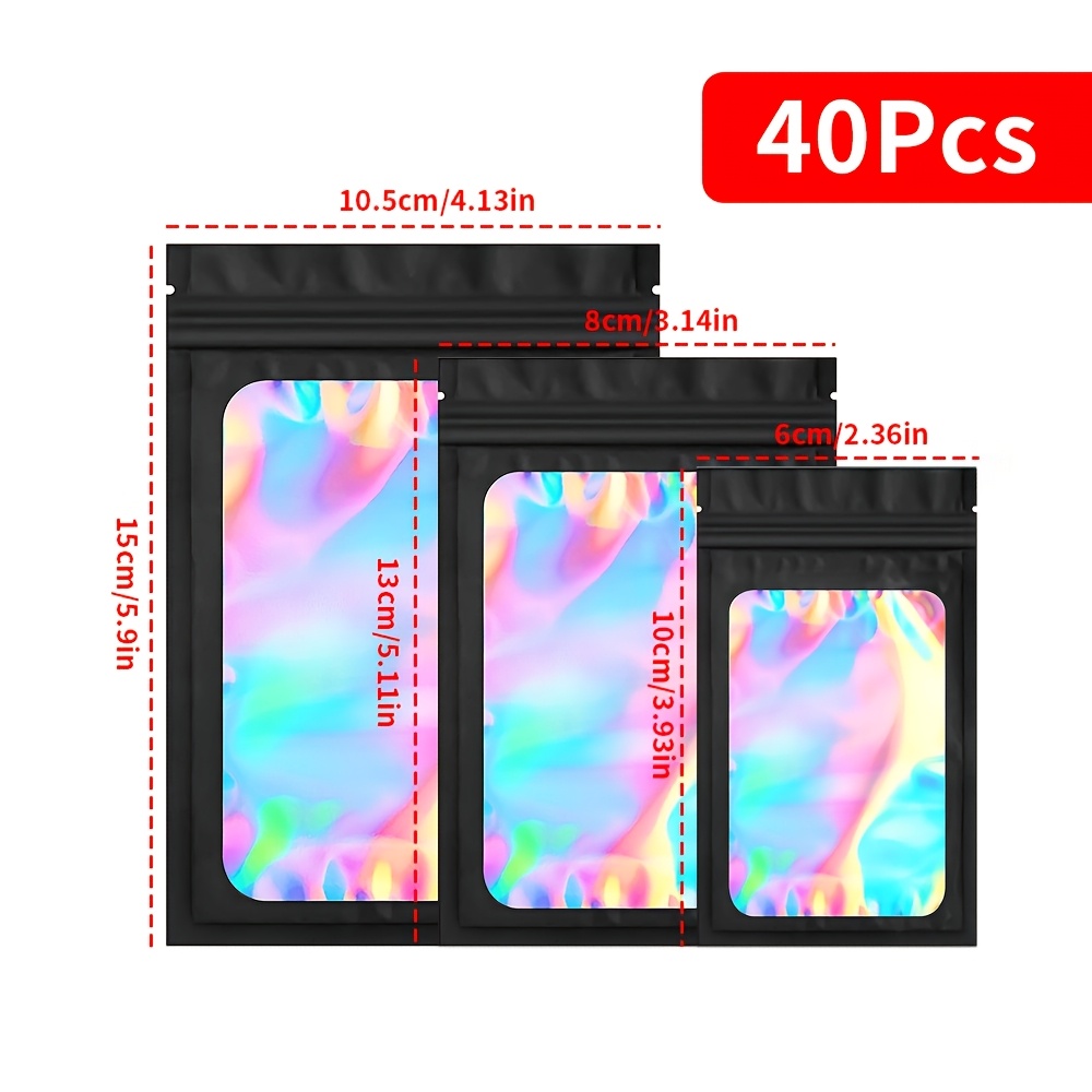 Image of 40pcs Zip Bags Mylar Black Holographic Odor-resistant, Reusable Sealed Pouches Suitable For Lip Gloss, Jewelry, Eyelashes, And Gifts For