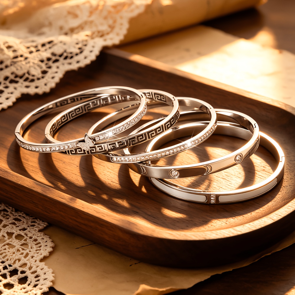 Stainless Steel Open Bangle Bracelet, Elegant White Element Design