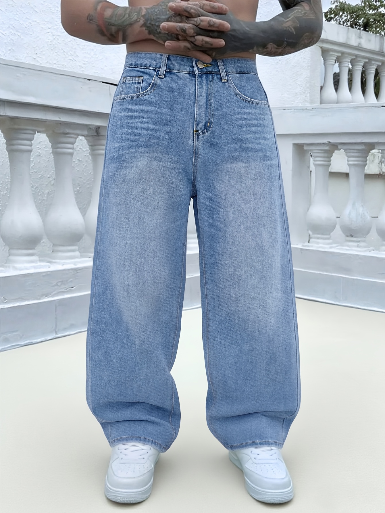 japanese korean vintage mens blue gradient wash ultra baggy - Temu