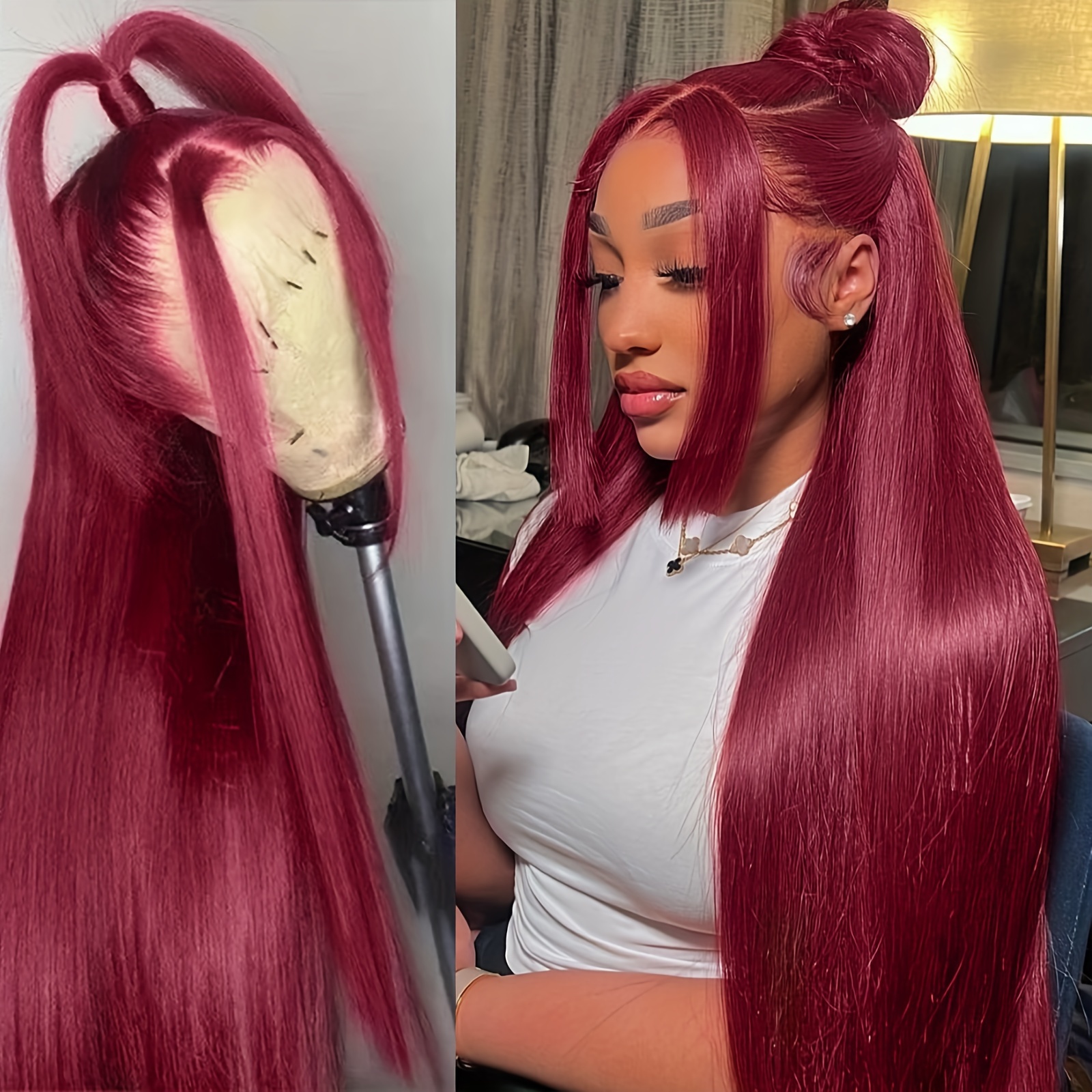 

13×6 Burgundy Straight Lace Front Wigs 13x6 Glueless Lace Wigs Synthetic Heat Resistant Fiber Hair Wig With Baby Hair Natural Hairline For Women Long Natural Wig 26 Inch