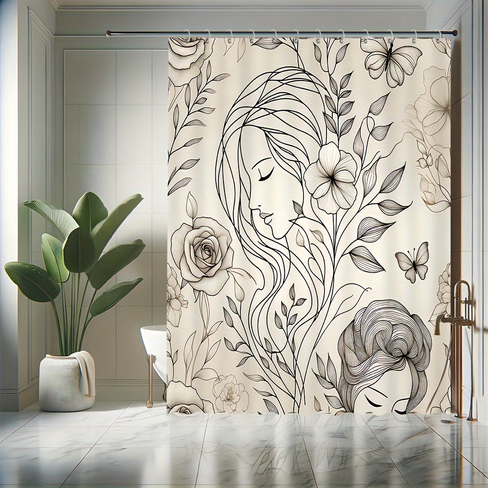 

1pc Minimalist Floral Face Pattern Shower Curtain With Hooks, Mildewproof Waterproof Bathroom Partition Curtain, Bathroom Accessories, Home Decor