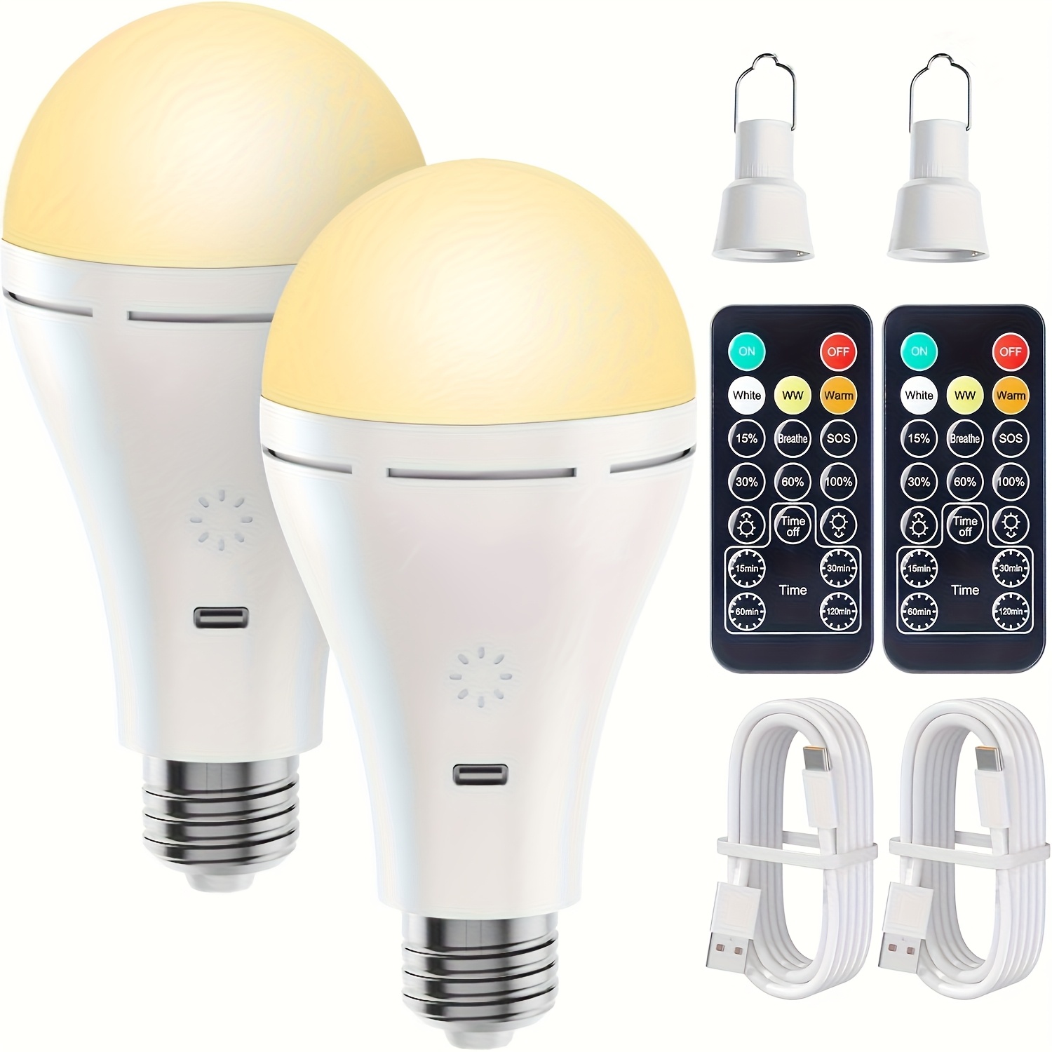 Image of Usb Rechargeable Light Bulb With Remote Timer, 5 Lighting , Outdoor Pendant Light With Hook For Camping Tent, Chicken Coop, Battery Backup Bulb For Sconces And Lamps