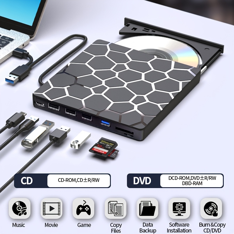 TEMU 7-in-1 External Dvd Drive, Suitable For Laptops With Usb 3.0 And Type-c, Portable Cd/dvd +/-rw Disc Drive, Cd/dvd Burner Cd-rom External Drive,