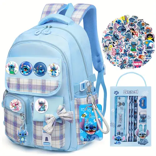 backpack blue large capacity backpack adjustable straps backpack set stationery set keychains button pins stickers card holder