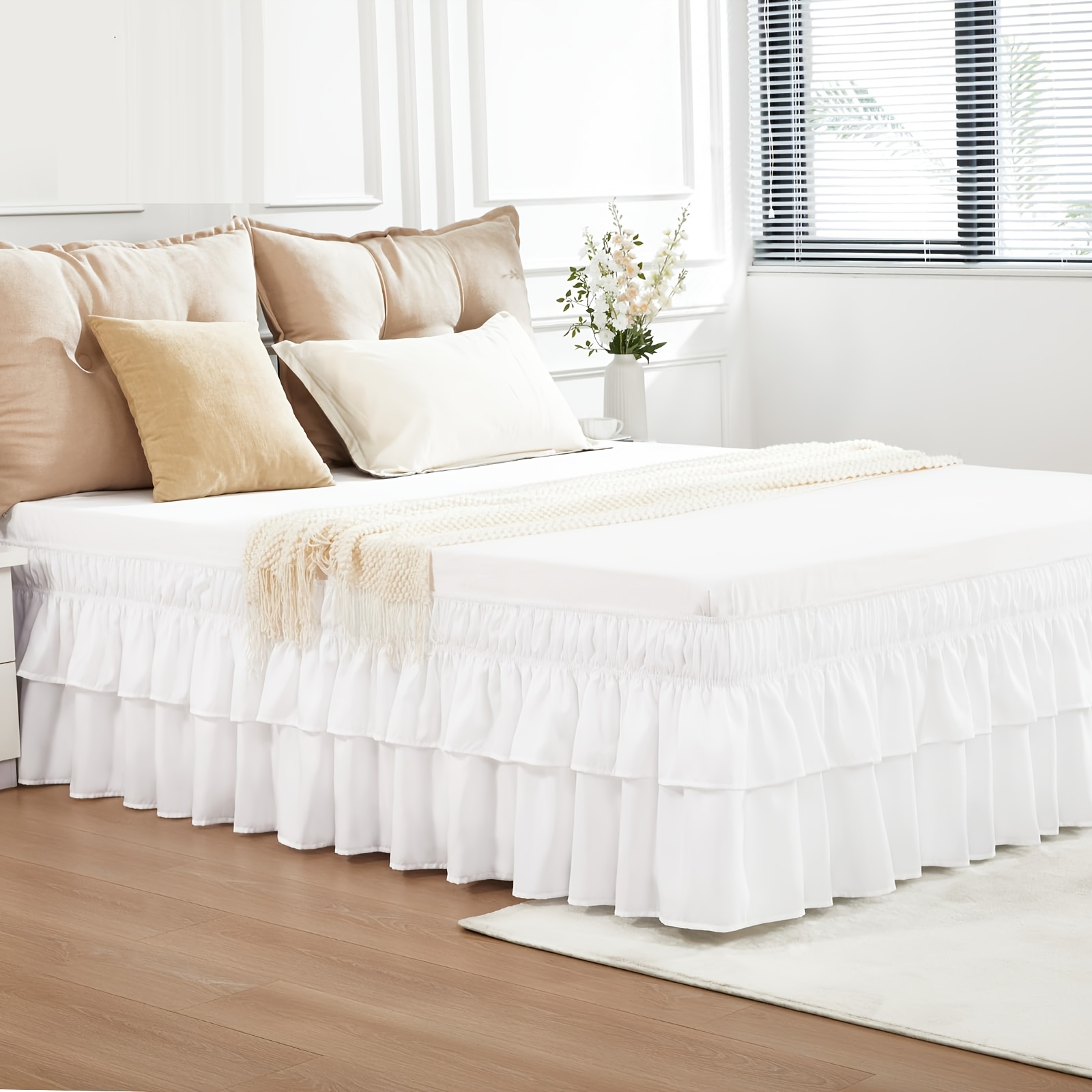 Image of 1pc Bed Skirt 16 Inch Drop, Elastic Wrap Around Bed Skirting Queen Size, Dust Ruffle, Machine Washable Soft Fabric, Multi Ruffle Bedskirt