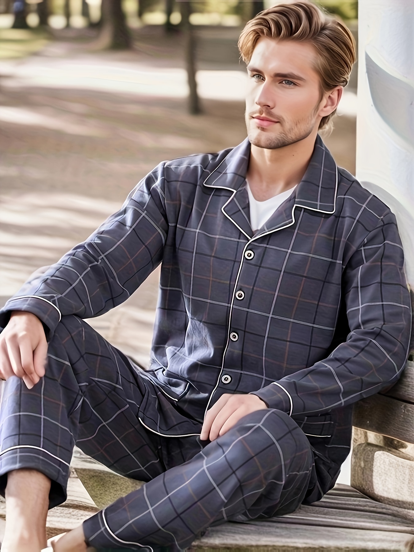 Mens Cotton Soft Comfortable Plaid Pattern Pajama Sets With - Temu