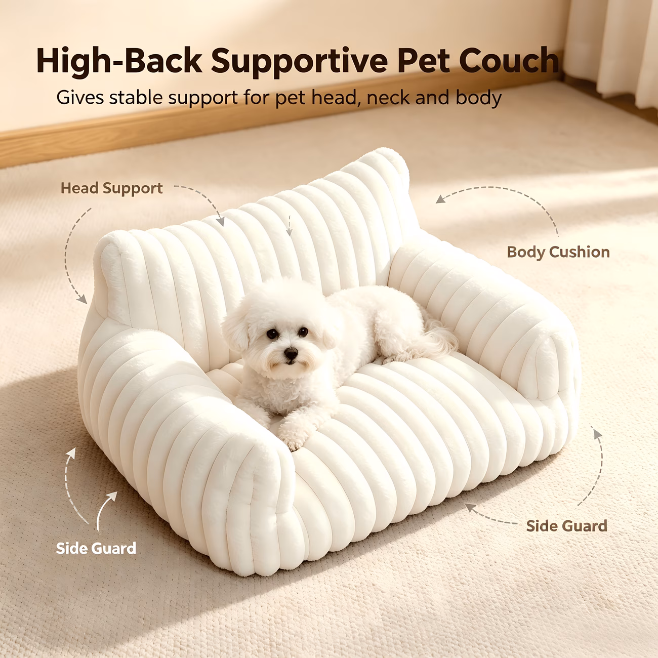 plush pet sofa bed high back comfortable cat couch soft ribbed dog bed for small dogs cats raised edge cushion pet sleeping bed with non slip multi scene furniture s size 19 69 15 75 7 8in Product details 3