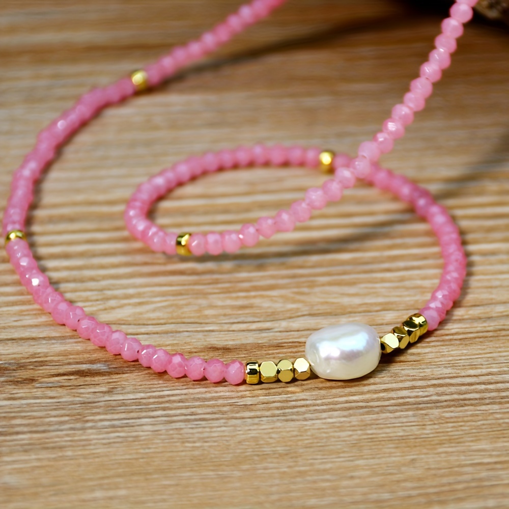 Boho Pink & Freshwater Pearl Necklace with Golden Spacers