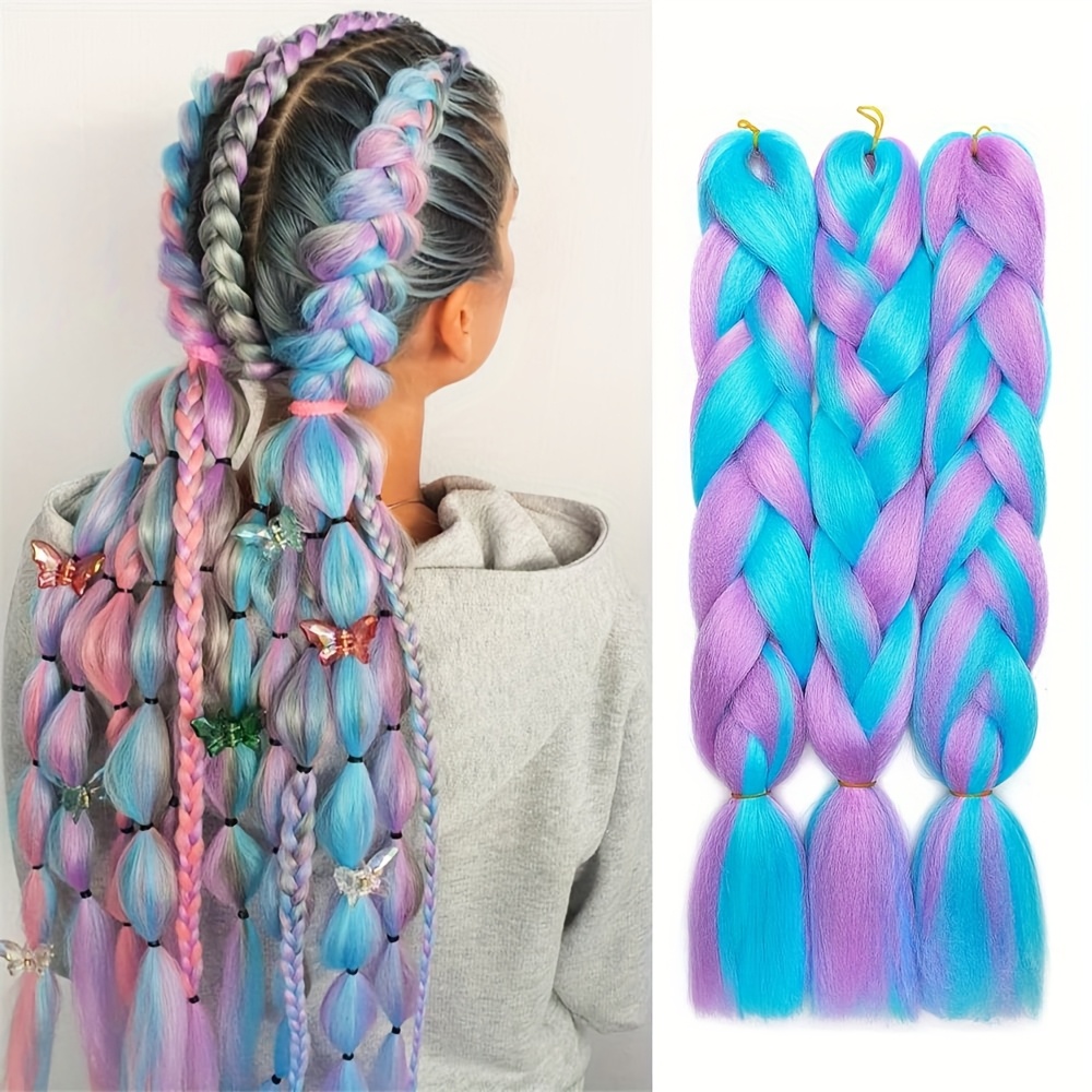 TEMU 1 Pack 24 Inch Jumbo Braiding Hair Extensions Jumbo Braid Hair Long Jumbo Braids Twist Braid Crochet Hair High Temperature 3 Tone Colored ( Sky Light Purple)