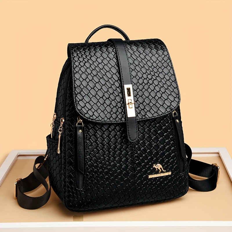 

Trendy Woven Flap Backpack, Simple Vegan Leather Knapsack, Versatile Daypack Schoolbag For Work, Travel