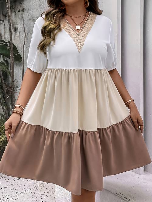 plus size womens elegant color block dress with ruffle hem v neck non stretch fabric design summer casual dress for women casual summer dress dress ruffle hem dress cute dres