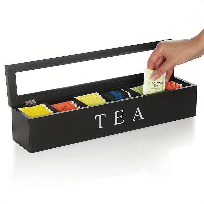 

1pc Vintage Style Wooden Storage Box With Lid, 6-slot Organizer, Beverage Accessory Divider For Tea, Sugar, , Packaging - Black, Storage Bins For