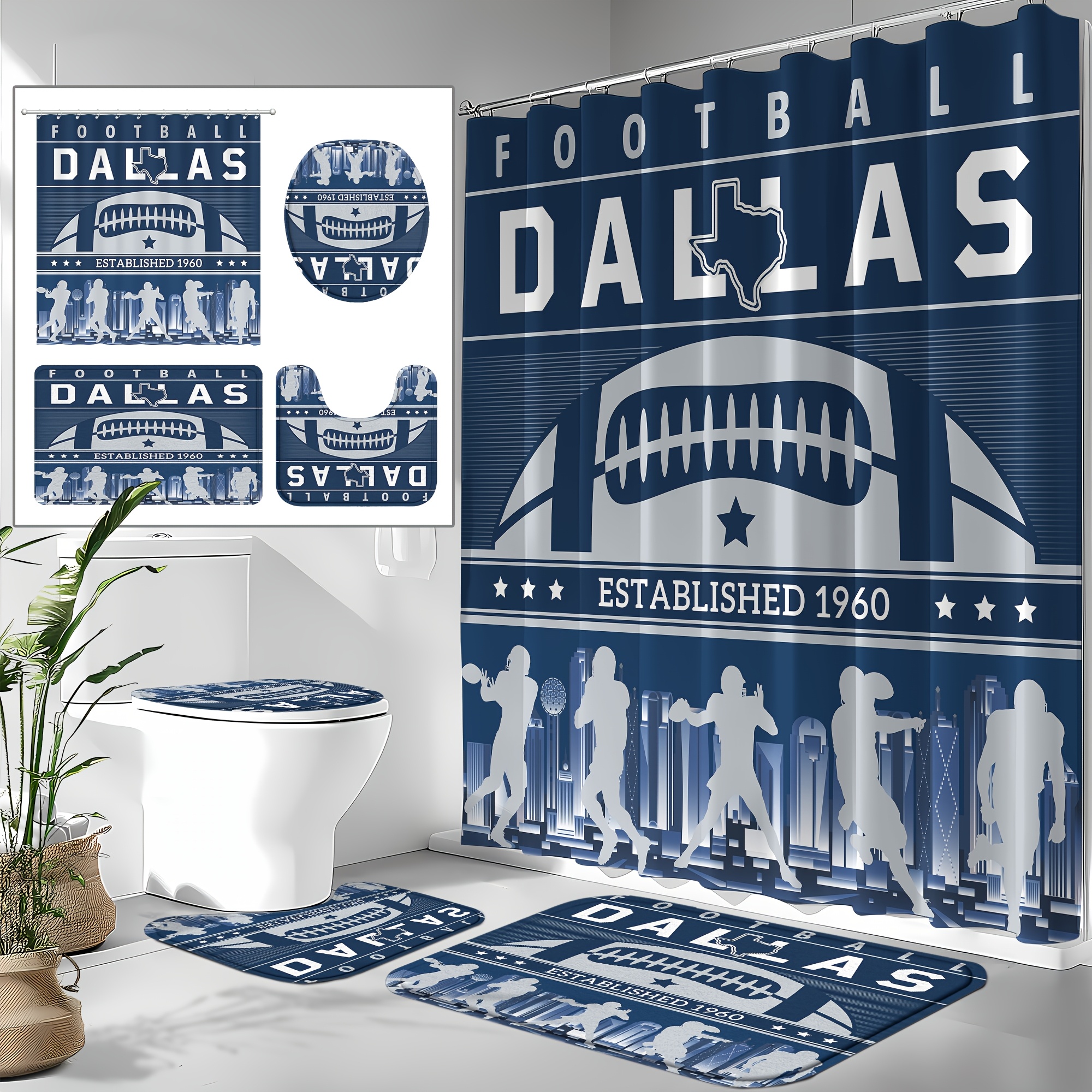 Set Of 4 Football Team Shower Curtains - Gift Bath Curtain - Includes Non-slip, U-shaped Toilet, Toilet Seat Cover, Themed Bathroom Decor For Football