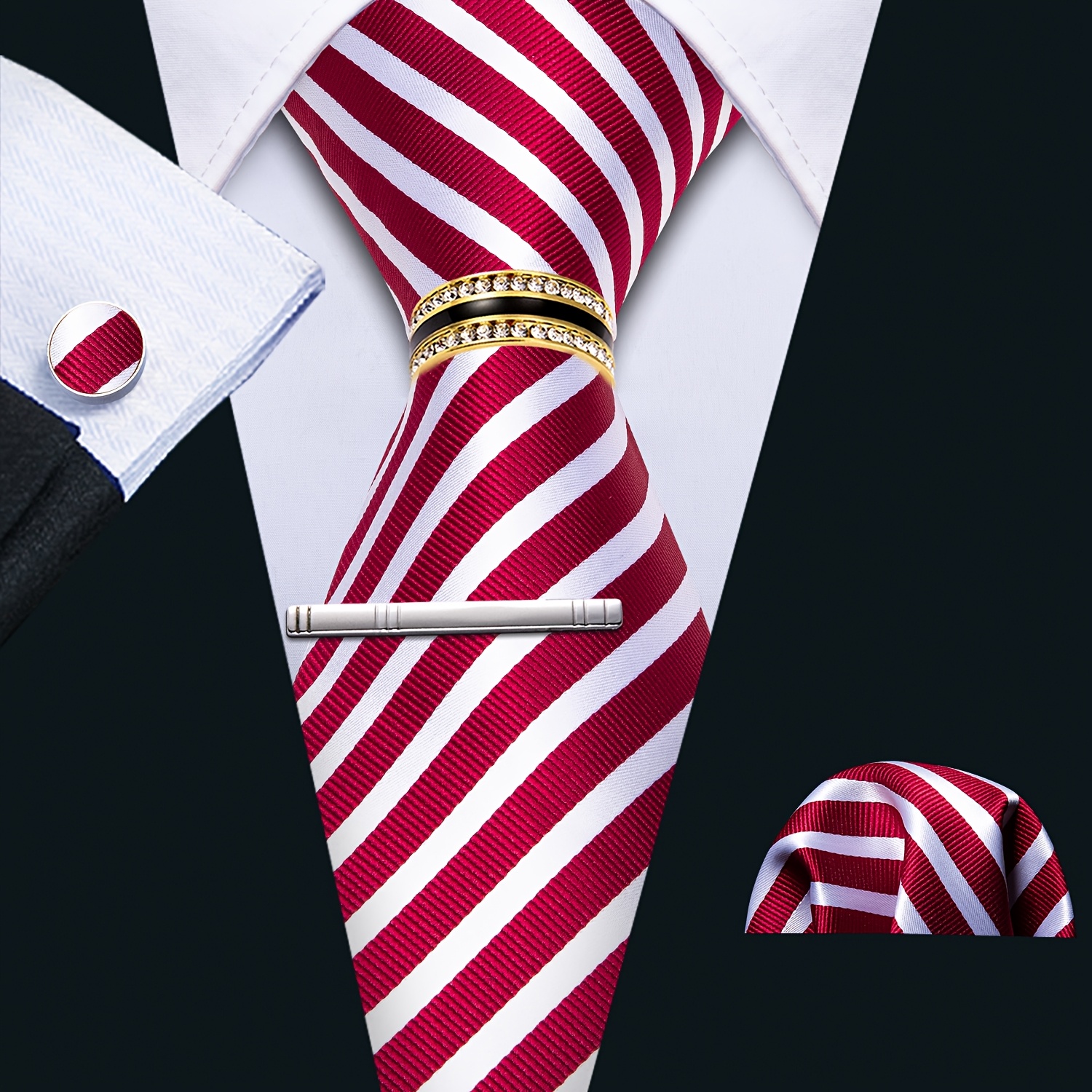 TEMU 1 Set (5pcs) Fashion Men's Tie Red White Striped Necktie Handkerchief Square Ring Clip Set Formal