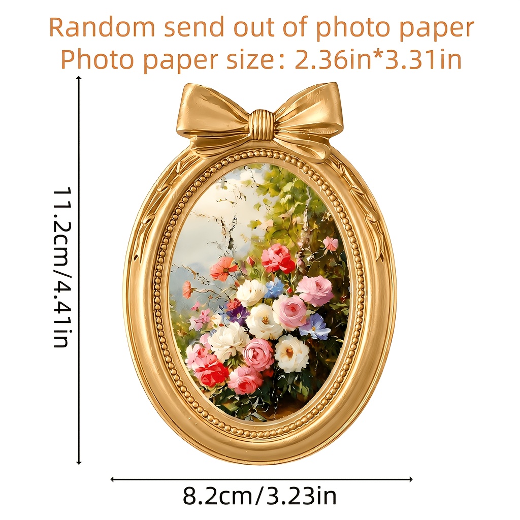 Image of Vintage Golden Resin Photo Frame, Mini Bow Oval Picture Frame, Desktop Decorative Ornament, Art Photography Prop, Included Photo Paper