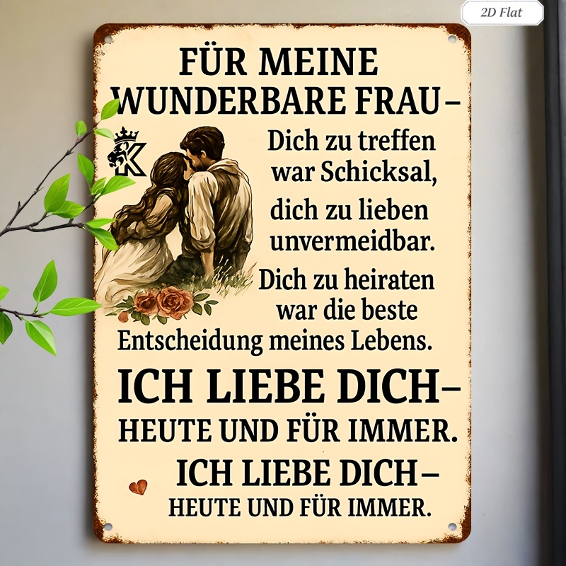 Image of 2d Flat, 2d Flat - 1pc 2d Flat Sign, A Metal Artwork Showcasing A Romantic Couple Along With A Message In German, Ideal For Home Decoration, Wedding Presents, Or Anniversary Celebrations, 2d Flat