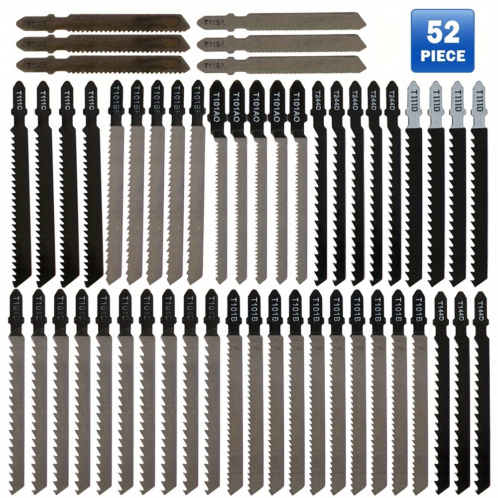 

52pcs Universal Jig Saw Blade Set Hcs High Carbon Steel Assorted Blades Down Jig Saw Knife Jig Saw Cutter Accessories For Wood Plastic Metal Cutting Compatible With Most Jig Saw