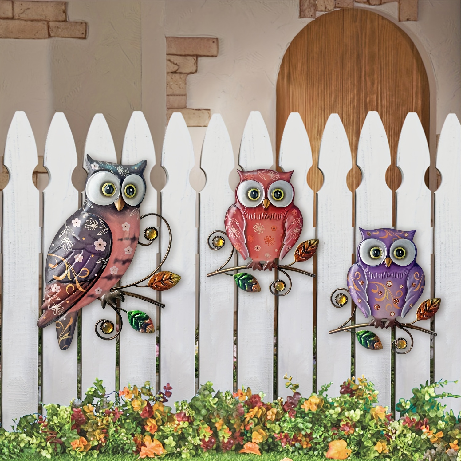 Tuin Muur Decor, Metalen Vogel Muur Kunst Retro Smeedijzeren Bladeren en Takken, Twee Opknoping Geel-Groene Uilen Sculpturen Decoratie